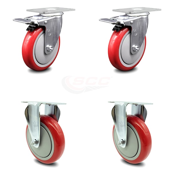 5 Inch Red Polyurethane Swivel Top Plate Caster Lock Brakes 2 Rigid SCC, 2PK